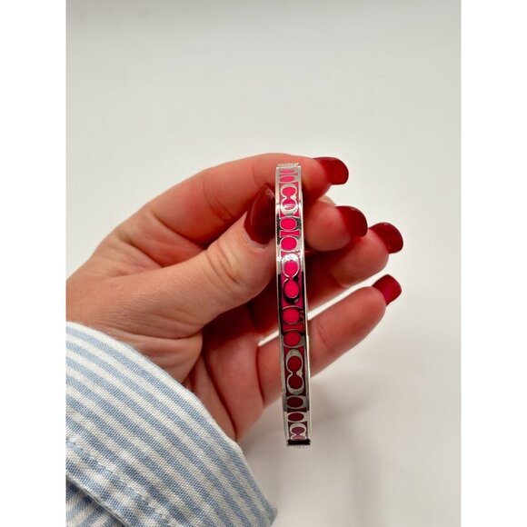 Coach Pink Enamel Signature Print Silver-Tone Bangle Bracelet - Picture 8 of 8